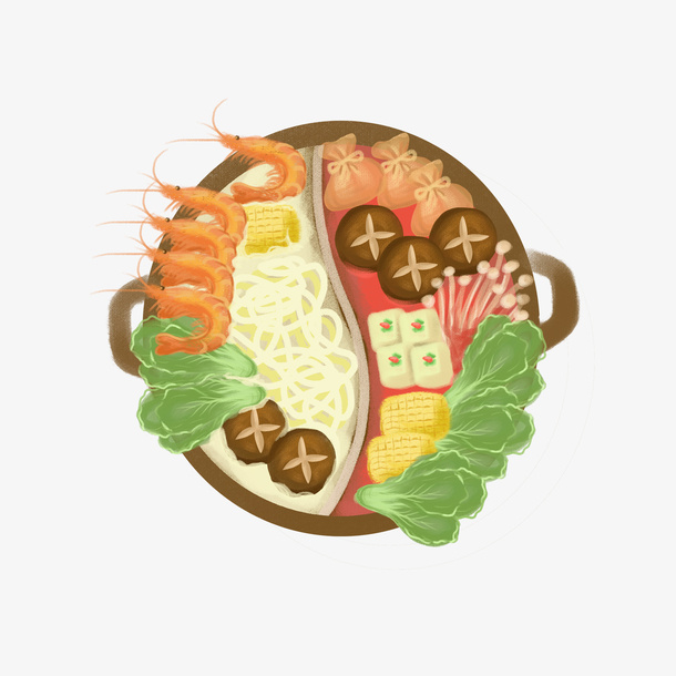 手绘食物双味火锅免抠