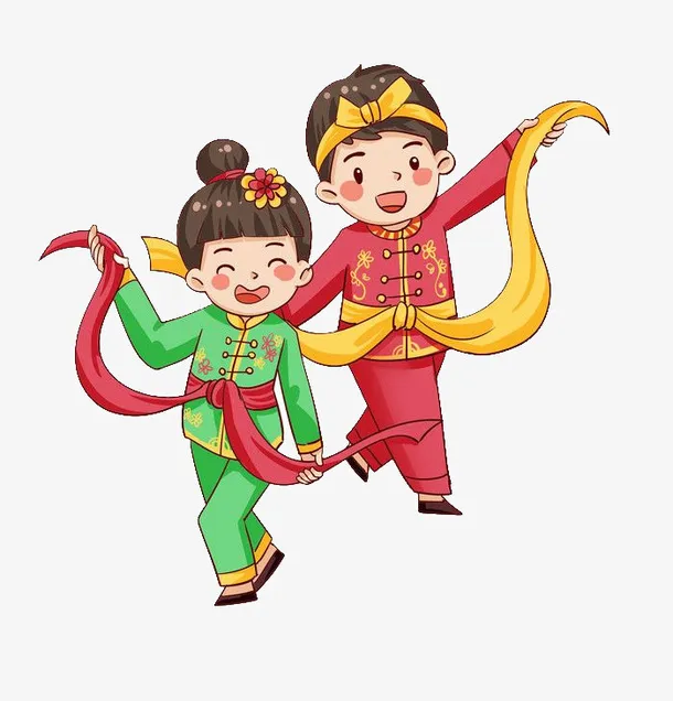 红色小年女孩男孩男孩扭秧歌插画免抠