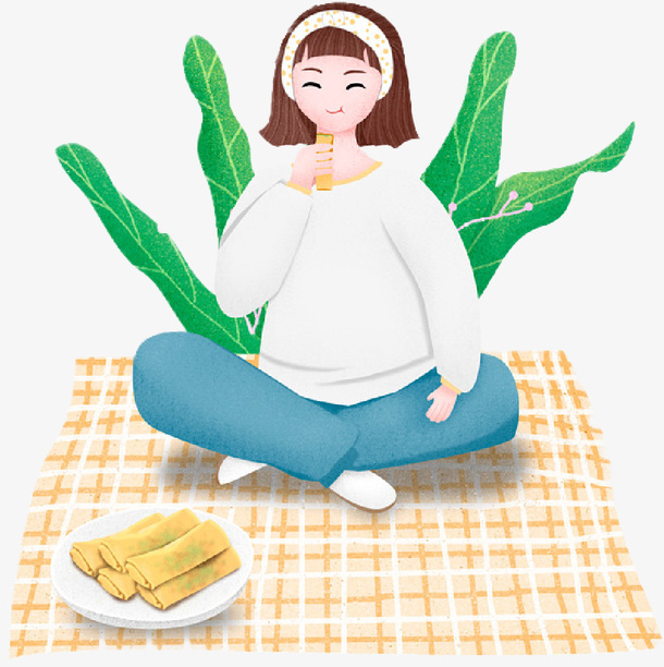 春分吃春卷的女孩免抠