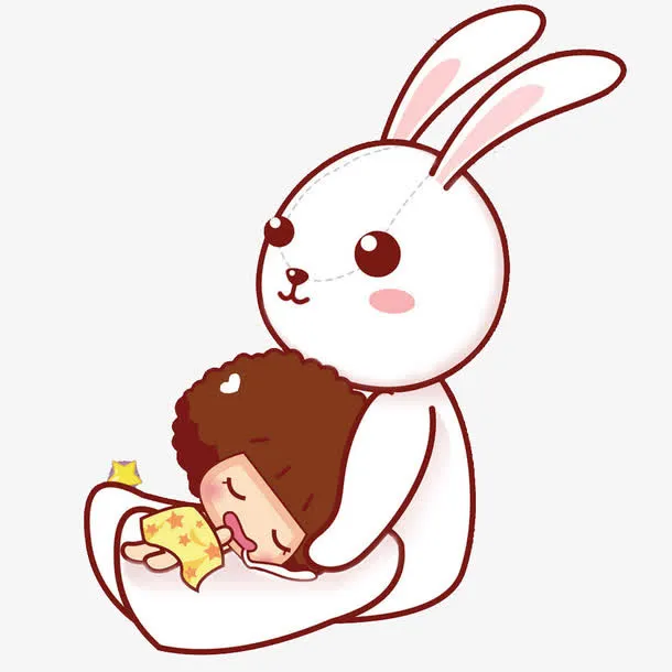 抱着睡觉小孩的兔子图案免抠