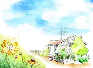 房子鲜花水墨画免抠