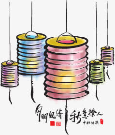 手绘中秋纸灯笼素材免抠