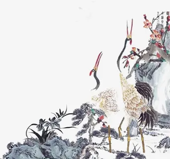 水墨仙鹤装饰图案免抠