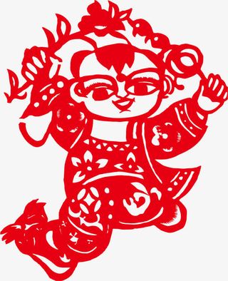 剪纸 奔跑的小孩子免抠