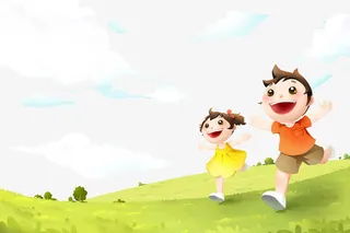 卡通手绘草地上迎风奔跑的孩子免抠