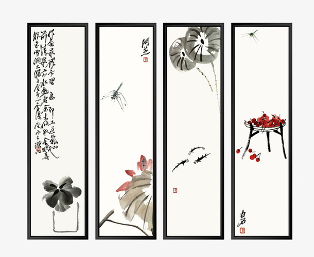 中式花卉写实挂画免抠