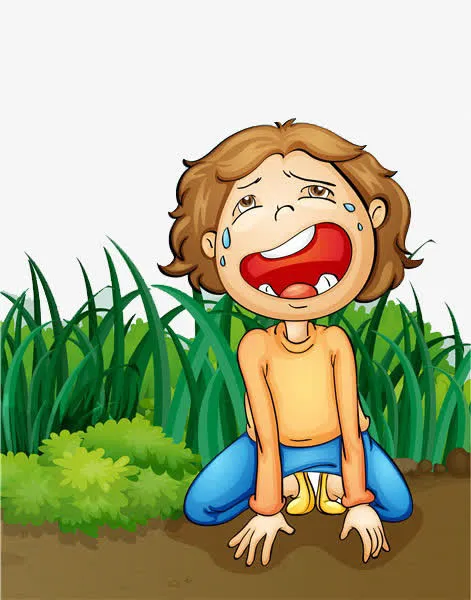 卡通草地里哭泣的男孩免抠