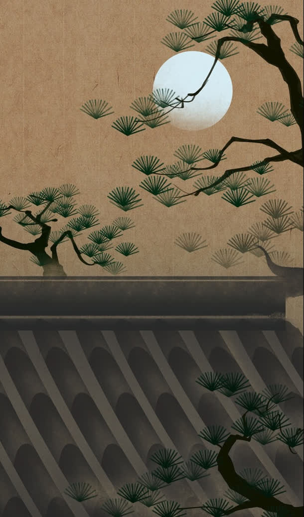 手绘古风夜色插画免抠