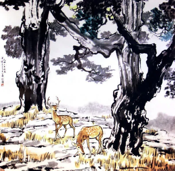 水墨树林草地小鹿插画免抠
