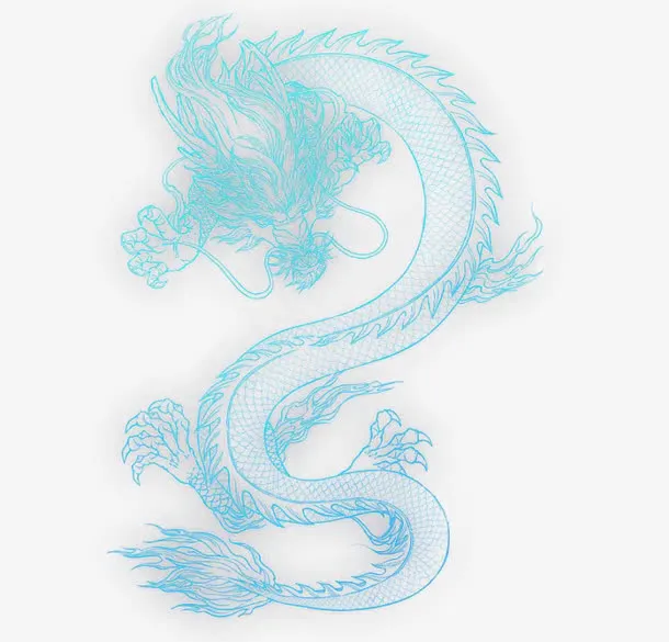 荧光蓝色腾空的龙镂空透明免抠