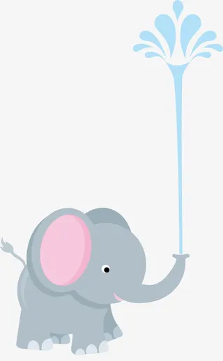 手绘灰色大象喷水免抠