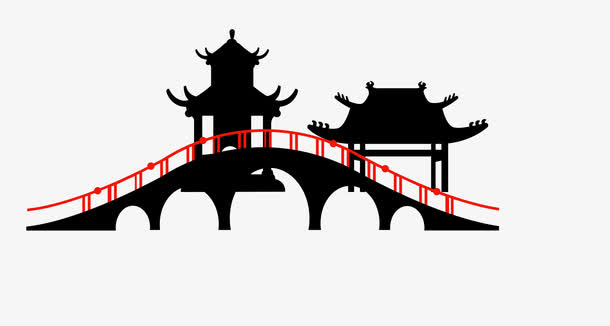 矢量黑色小桥凉亭美景免抠