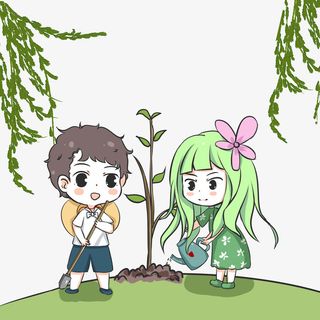 男孩女孩植树春天免抠