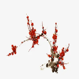 手绘水墨红色梅花免抠