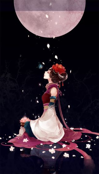 手绘夜景紫色月亮美女免抠