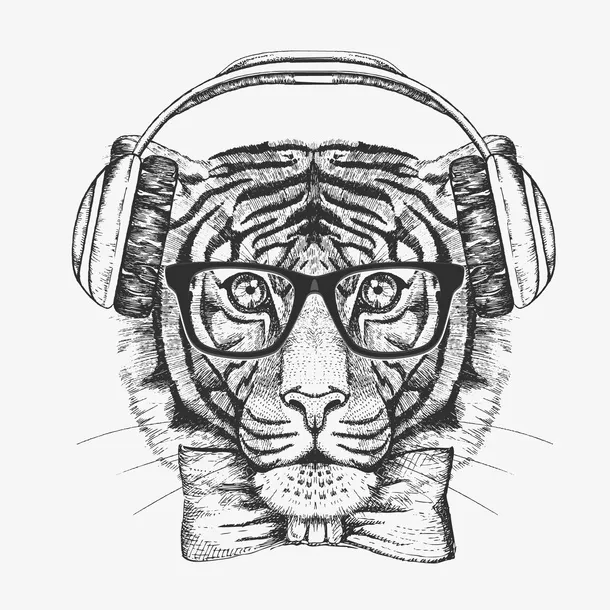 戴耳机的水墨老虎头像免抠