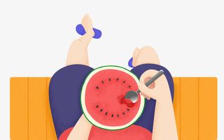 手绘装饰插图夏天吃西瓜免抠