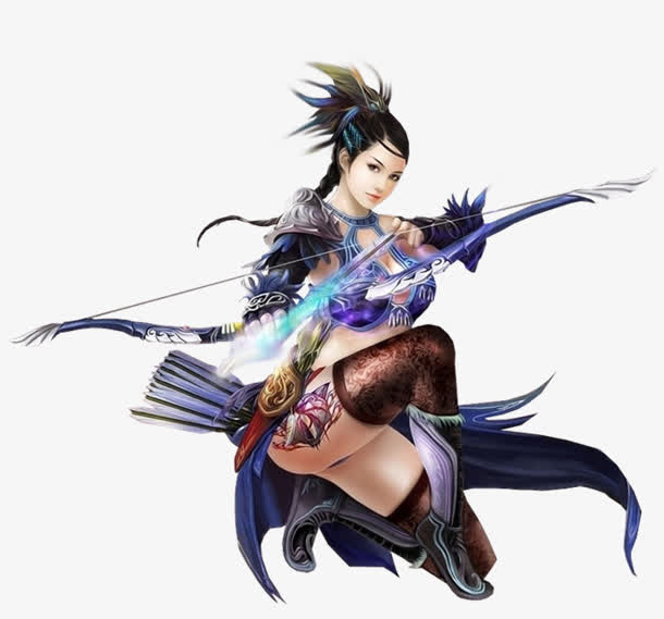 手绘蓝色羽毛弓箭女子免抠