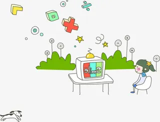 手绘漫画人物女孩电视符号免抠