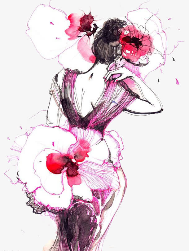 水墨花朵女人高清免扣素材免抠