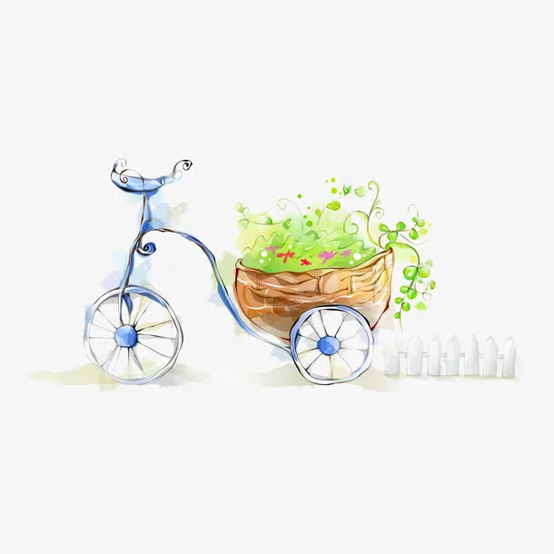 小清新载绿草的蓝色游园自行车免抠手绘/卡通手绘元素