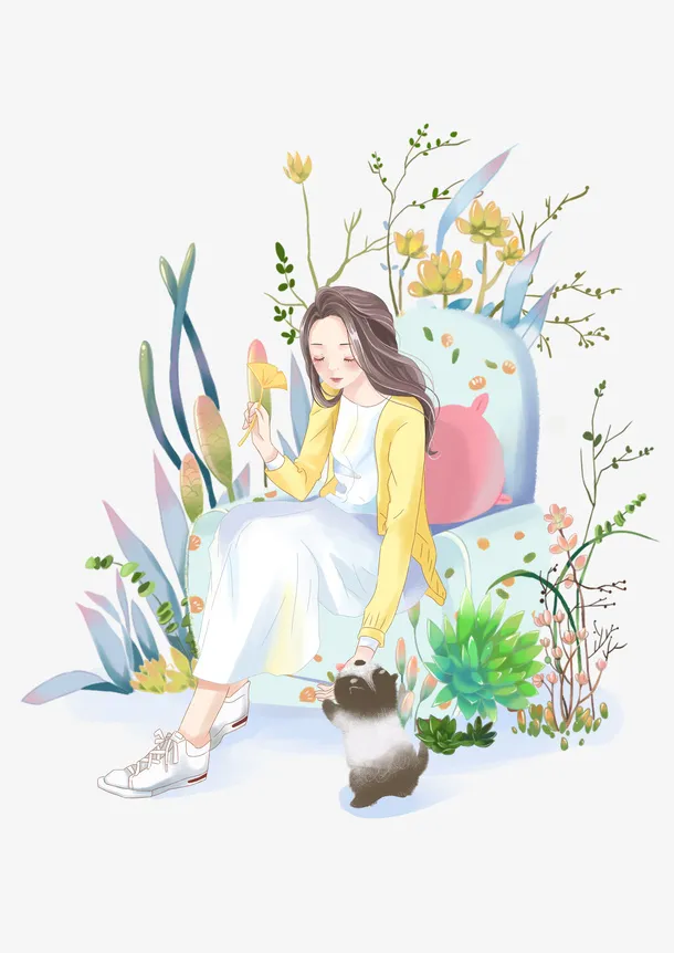 手绘插画  小美女 植物免抠