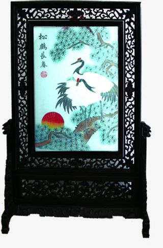 黑色中式仙鹤边框屏风免抠