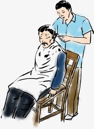 手绘给父亲理发的儿子PNG插画免抠