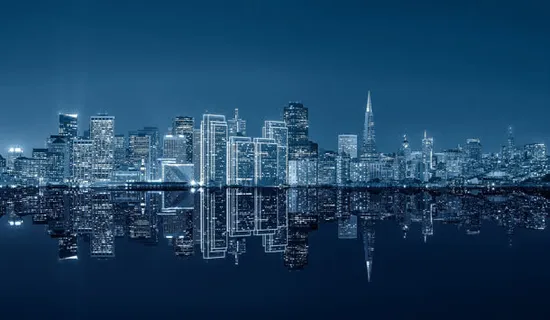 蓝色天空高楼灯光免抠