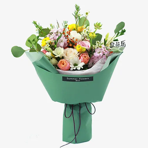 多色花朵花束蓝色包装纸免抠