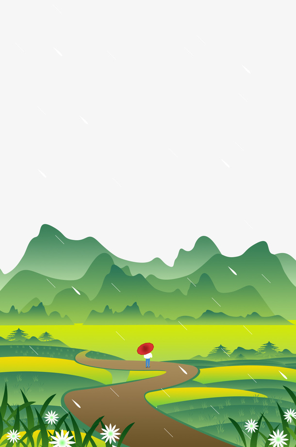 雨春天，绿色，田野免抠手绘/卡通手绘元素