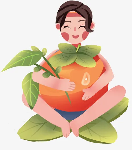 卡通矢量秋天抱着柿子的小男孩免抠