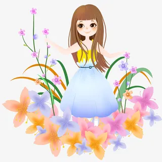 手绘插画女孩踏青免抠