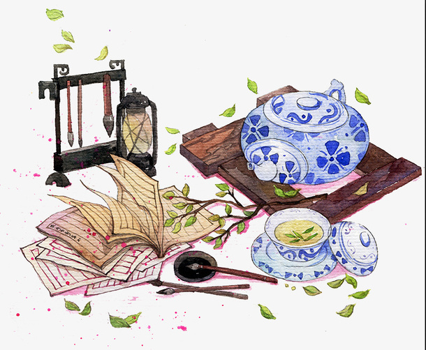 手绘的饮茶图免抠