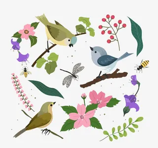 春天花鸟底纹免抠装饰动物元素
