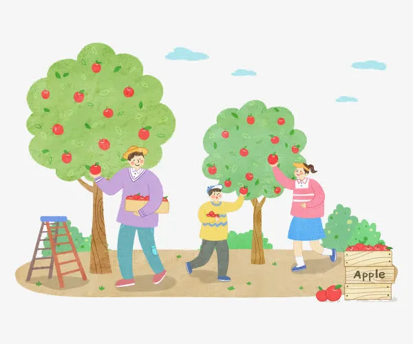 幸福的一家人在果园采摘苹果免抠