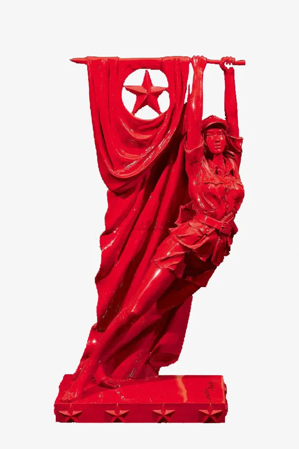 举起红色国旗的女兵免抠