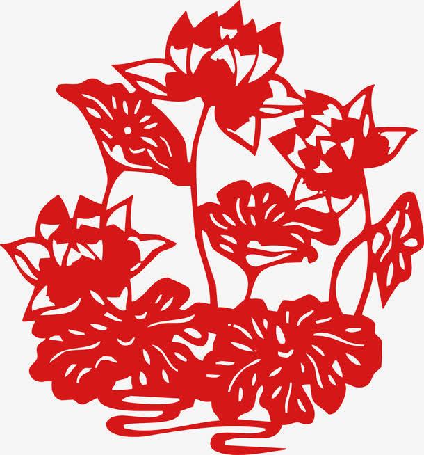 中国风荷花剪纸免抠