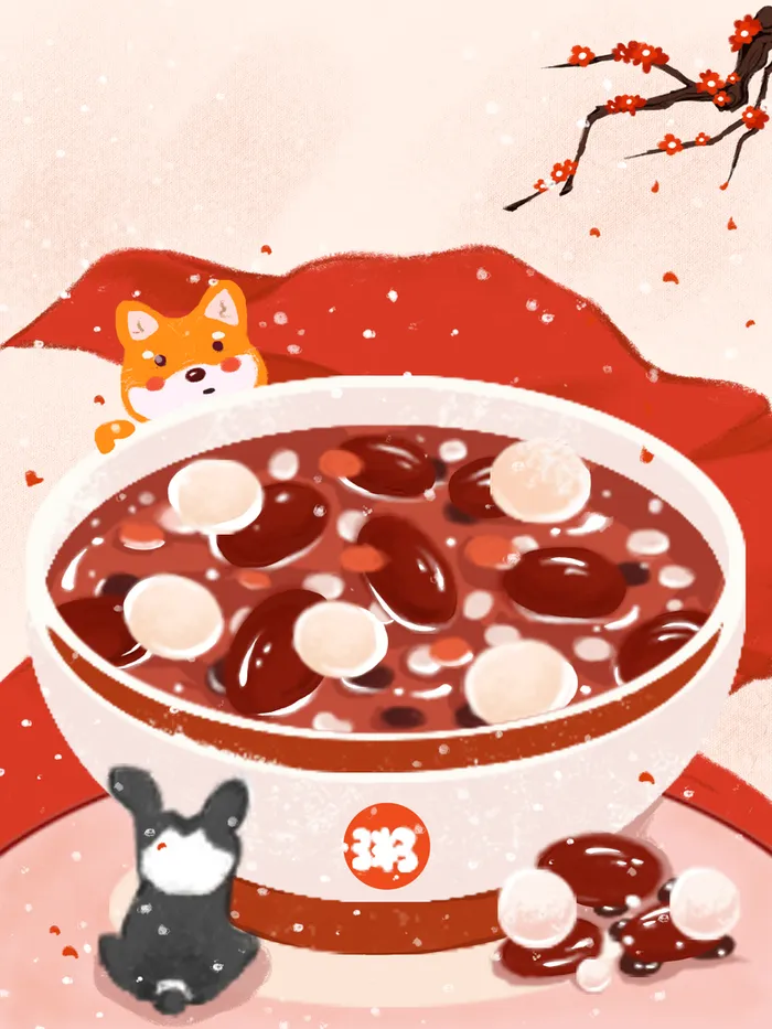 腊八节腊八粥手绘狗梅花树枝雪花高清