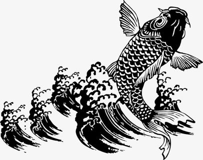 黑白插画跃起的鲤鱼免抠