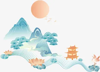 国潮中国风山水建筑免抠