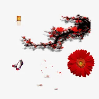 红色梅花花枝水墨免抠
