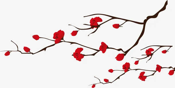 红色中国风桃花花枝免抠