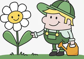 卡通草地上浇花的小男孩免抠