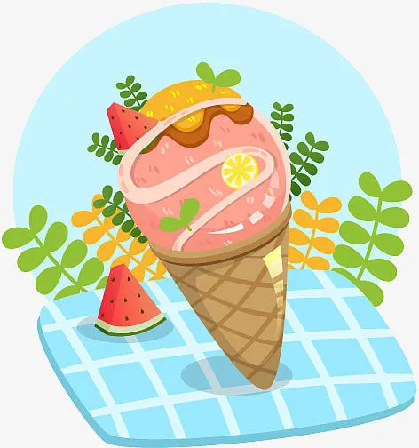 蓝色夏日粉色西瓜浇汁冰激凌免抠