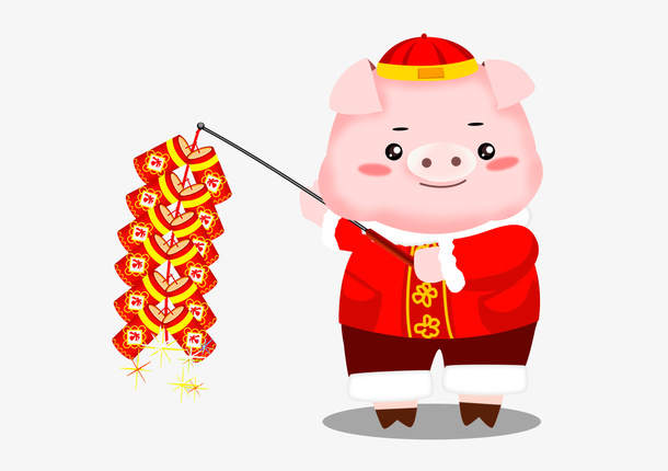 卡通猪年放鞭炮设计免抠