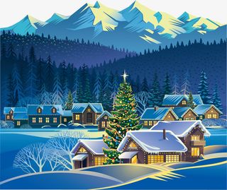 冬季雪山树林小屋免抠