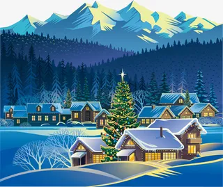 冬季雪山树林小屋免抠