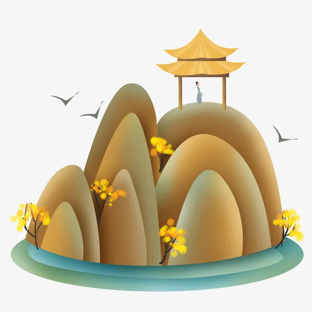 国朝金色山水凉亭插画免抠