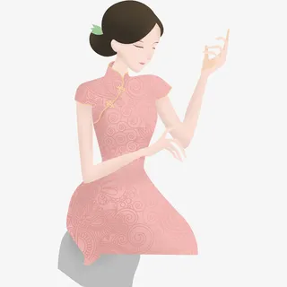 手绘卡通中国风旗袍女人免抠